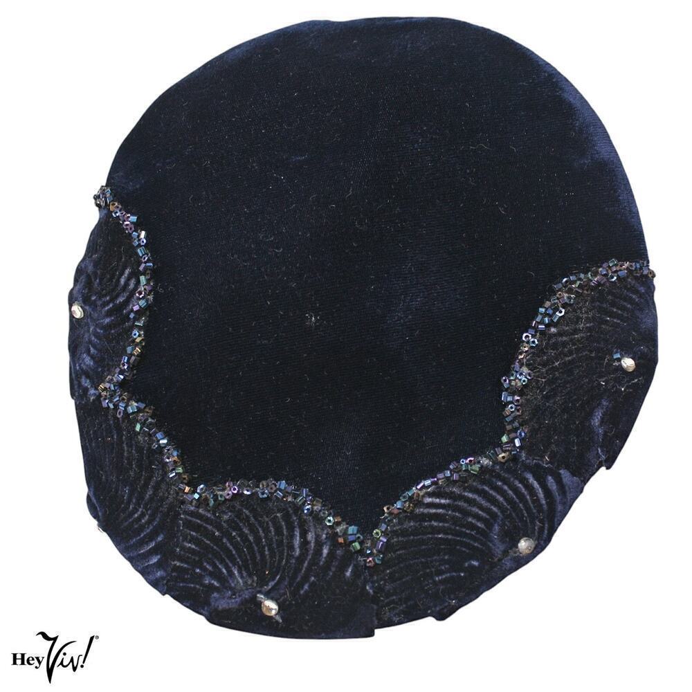 Vintage 1950s Platter Cocktail Hat Blue Velvet w Beads and Rhinestones - Hey Viv